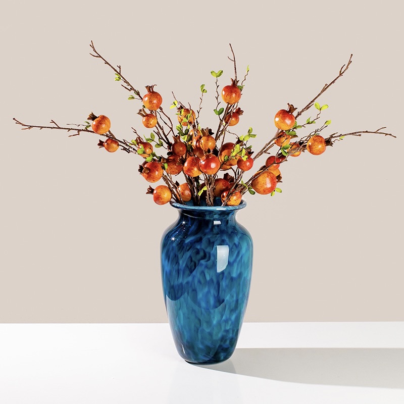现代轻奢孔雀蓝琉璃花瓶加仿真石榴套装摆件客厅插花客厅轻奢高档