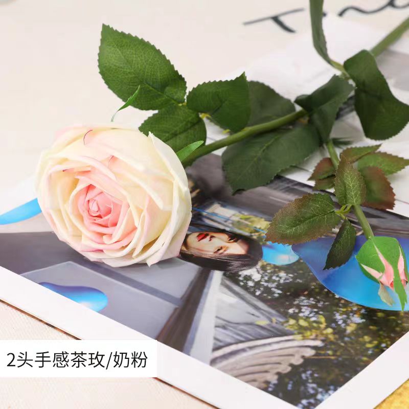 仿真玫瑰花香槟粉玫瑰客厅装饰插花摆件绢花单支花束花