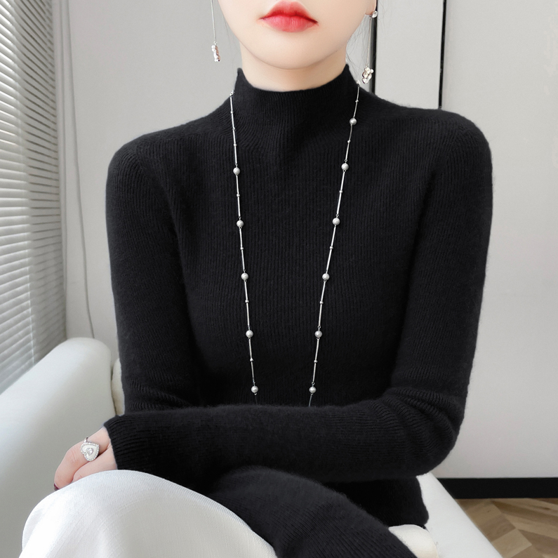 黑天鹅款~羊毛打底衫一线成衣 半高领修身百搭女毛衣抽条针织显瘦