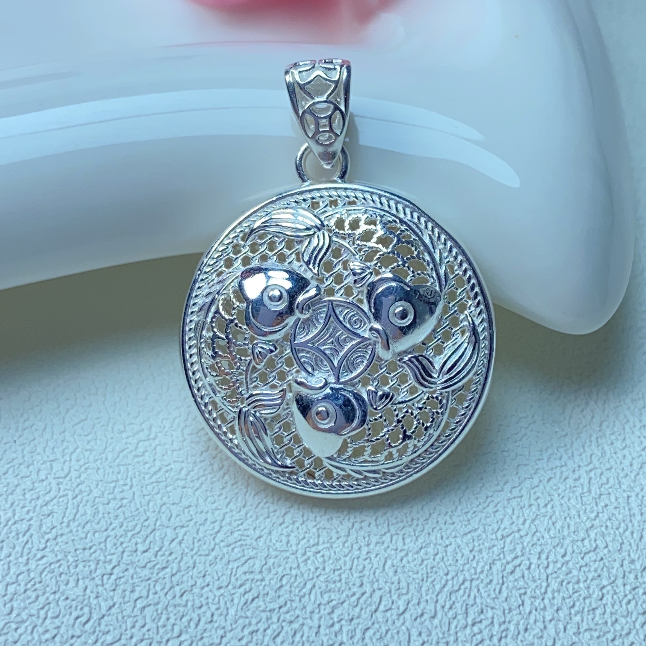 坠链均足银 银制品足银990花丝双面年年有余平安挂坠时尚素款项坠