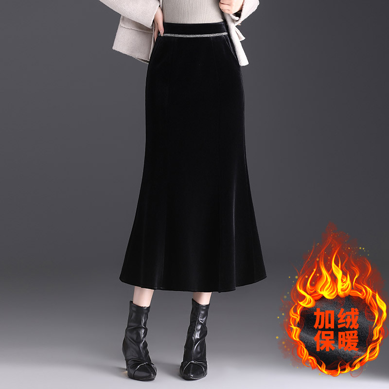金丝绒加绒鱼尾半身裙女秋冬2023新款高腰包臀裙中长松紧腰一步裙