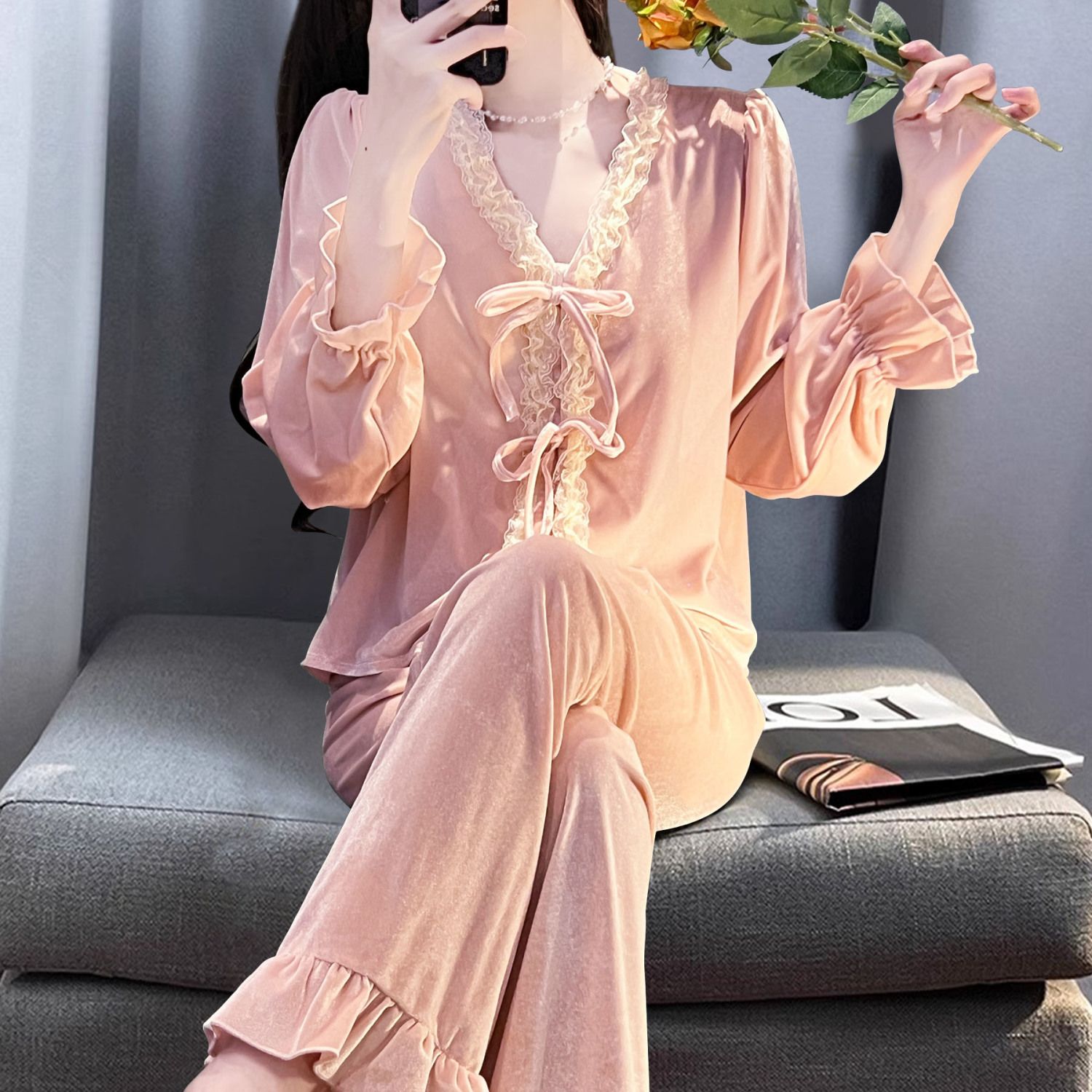 睡衣女套装金丝绒新款春秋款冬季长袖薄款洋气外穿家居服女士保暖