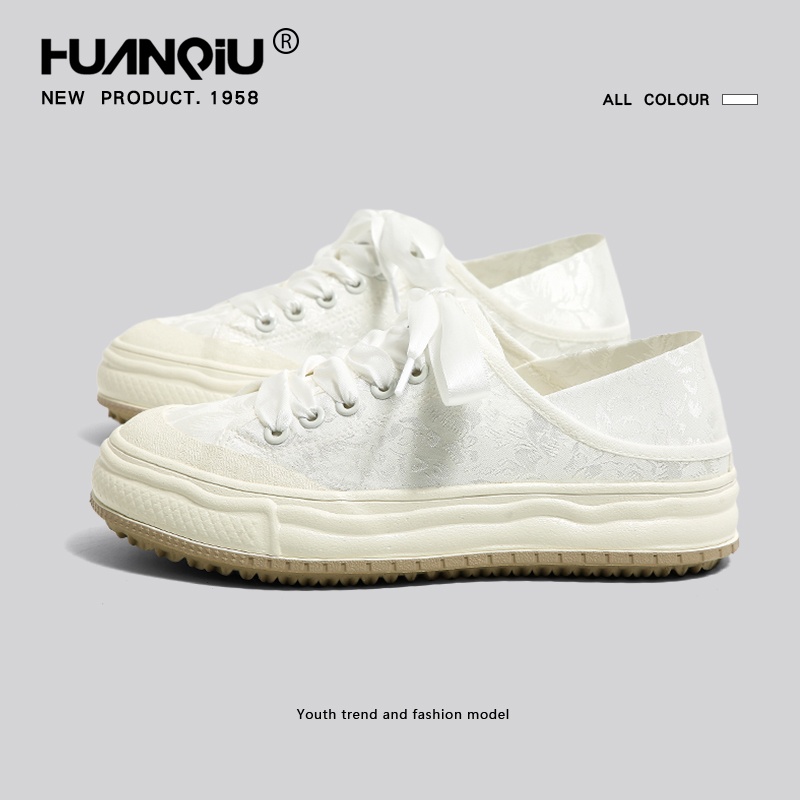 环球缎面小白鞋帆布鞋女款2025新款秋季薄款透气厚底中式休闲板鞋