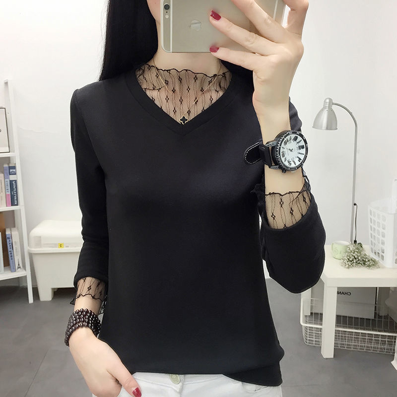双面德绒打底衫女时尚蕾丝上衣长袖