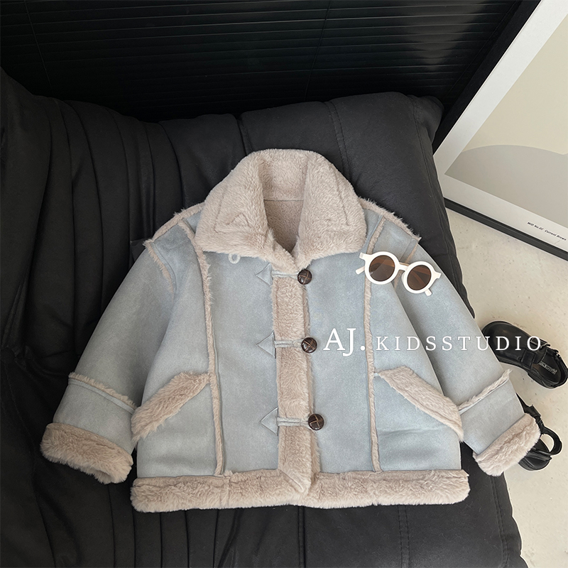 qc【现货】阿卷冬装韩版儿童拼接毛毛保暖休闲翻领外套HCXZ3793