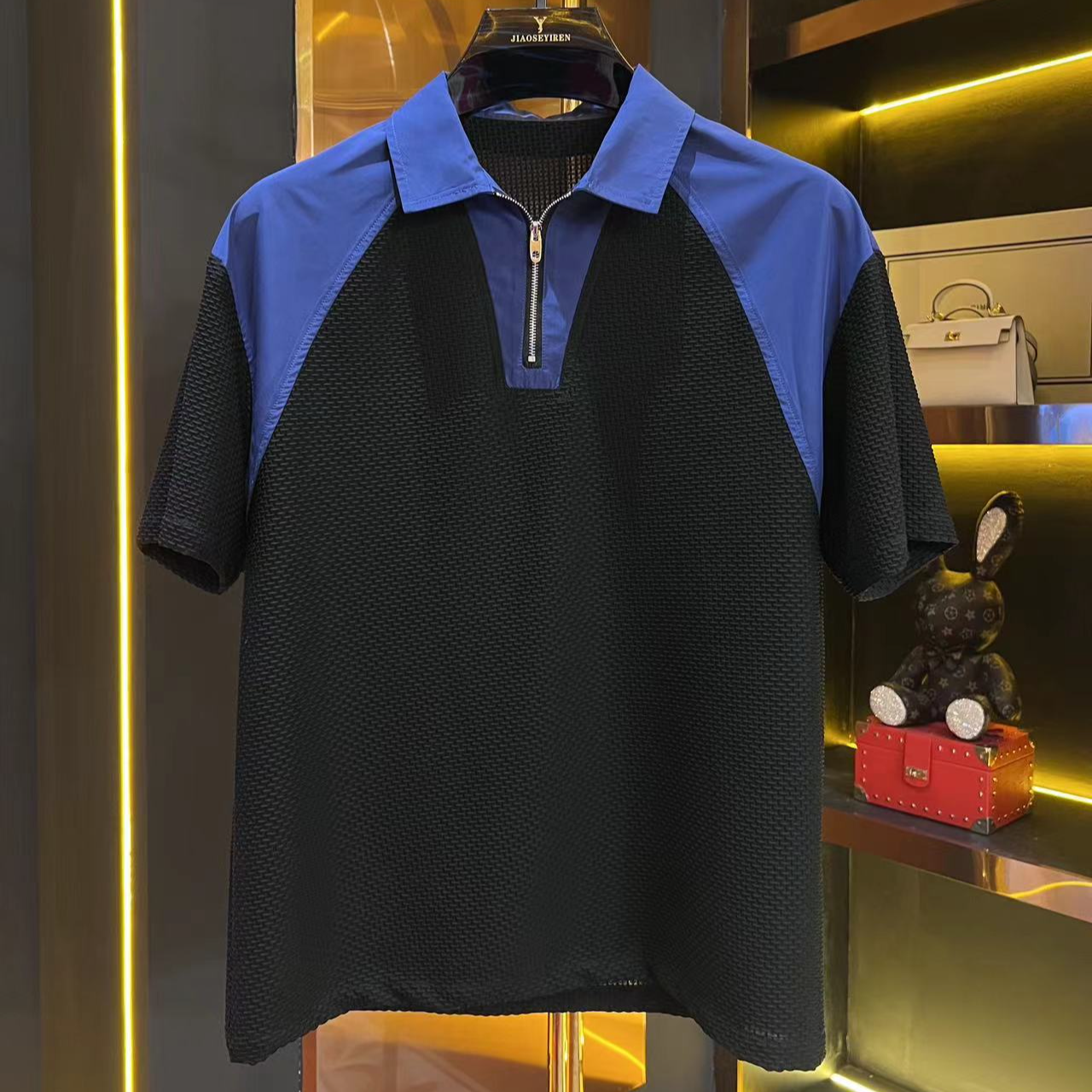 夏季新款男士翻领简约拼接撞色拉链半袖POLO衫8019 wns专属