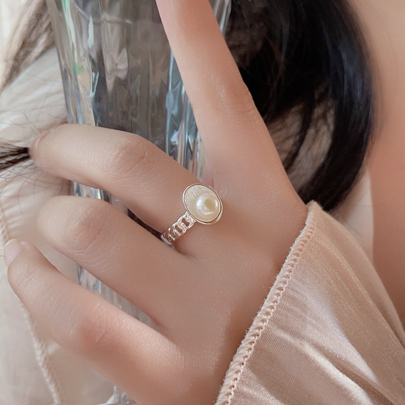 足银戒指 999足银椭圆珠珠麻花戒指女ins小众设计感开口可调指环