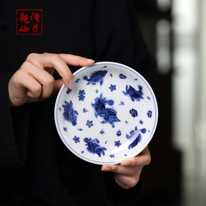 待月观山茶具手绘青花桃花鳜鱼鱼藻小壶承公杯托干泡赏盘功夫茶道