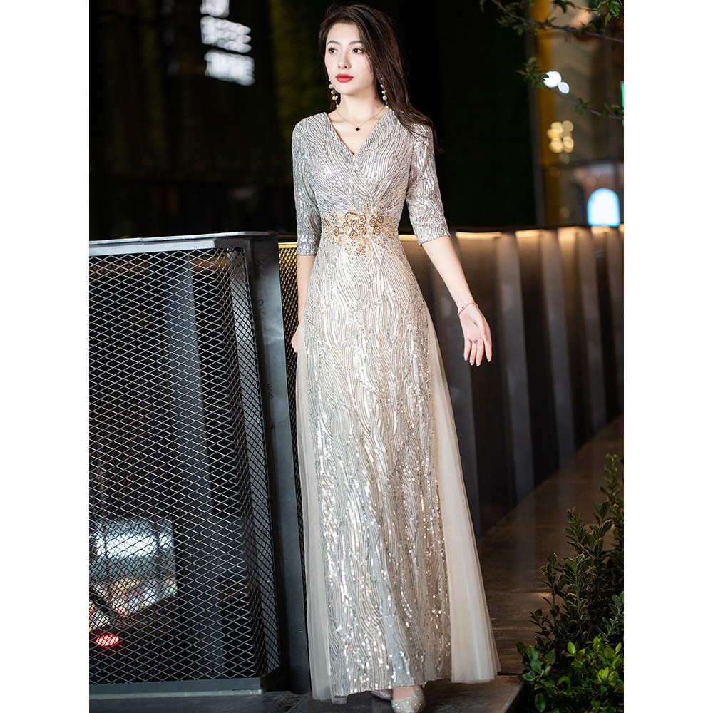 大码晚礼服女胖宴会气质斤显瘦加肥亮片长款主持年会礼服裙优雅名