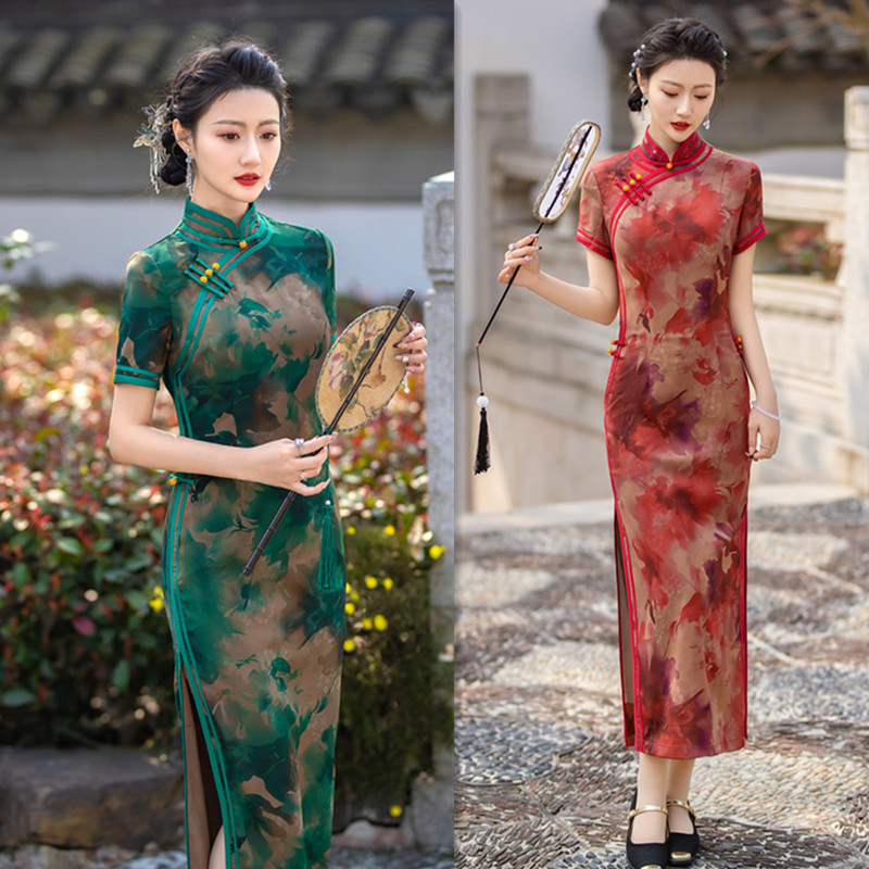 老上海复古国风传统中式长款宽边旗袍2024夏新款仿香云纱提花旗袍
