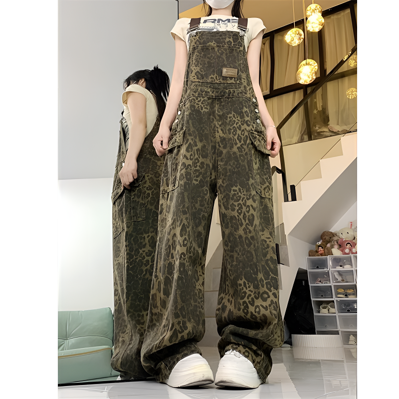美式复古豹纹牛仔背带裤工装口袋连体显瘦街头宽松直筒阔腿碎花裤
