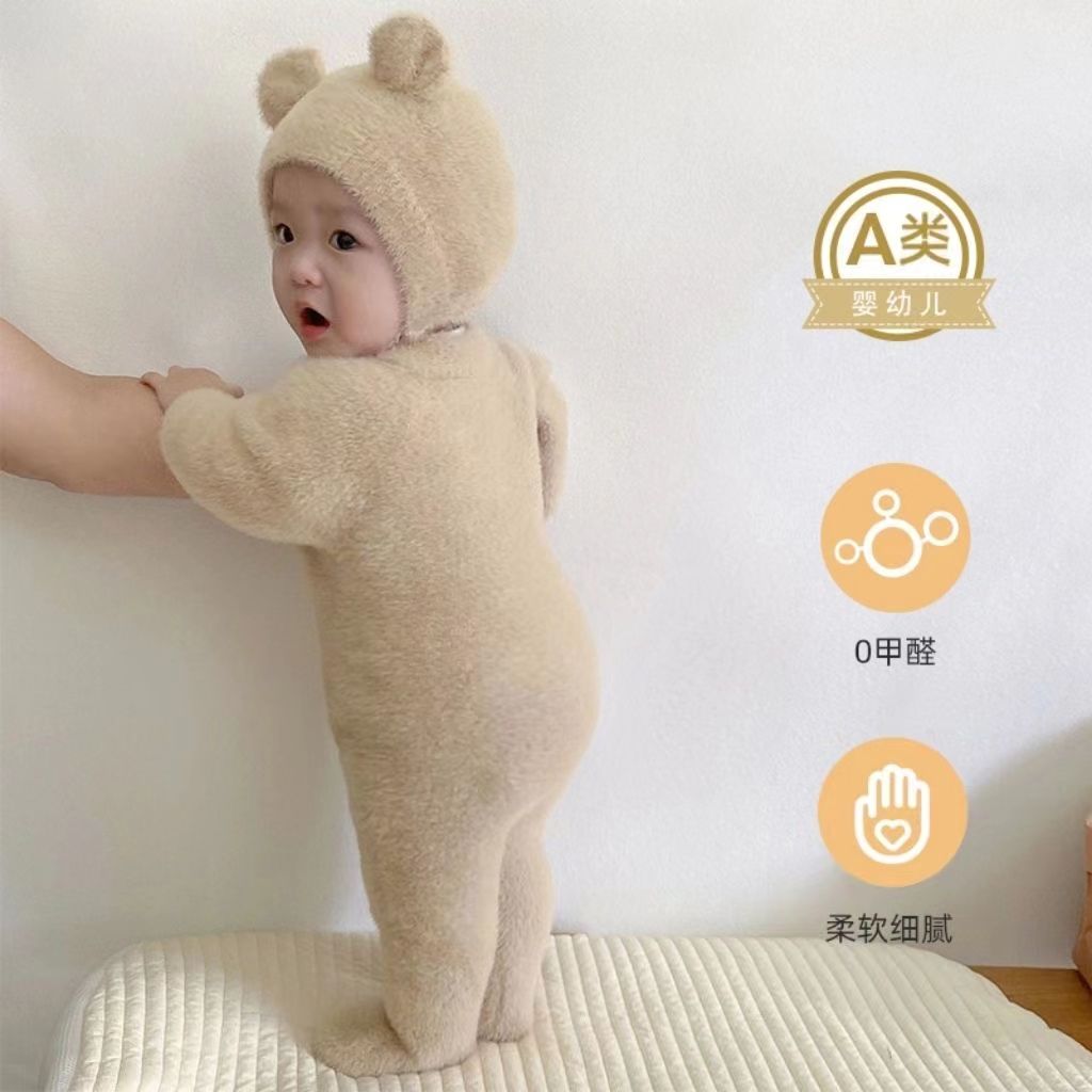 儿童冬季新生儿衣服婴儿连体衣毛毛0-9月宝宝舒适哈衣爬服秋冬款