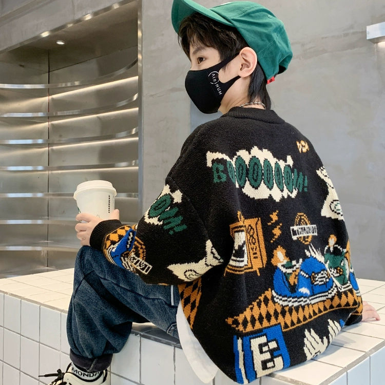 男童毛衣秋冬款2023新款儿童加绒加厚套头针织衫中大男孩打底衫潮
