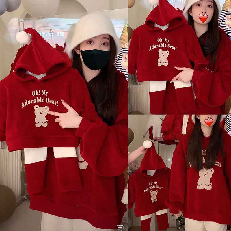 圣诞节亲子装一家三口秋冬加绒红色卫衣拜年服兔年小熊亲子连帽衫