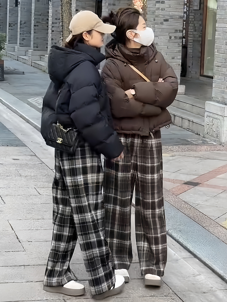 加绒加厚毛呢格子阔腿裤女秋冬季新款宽松大码保暖高腰休闲直筒裤