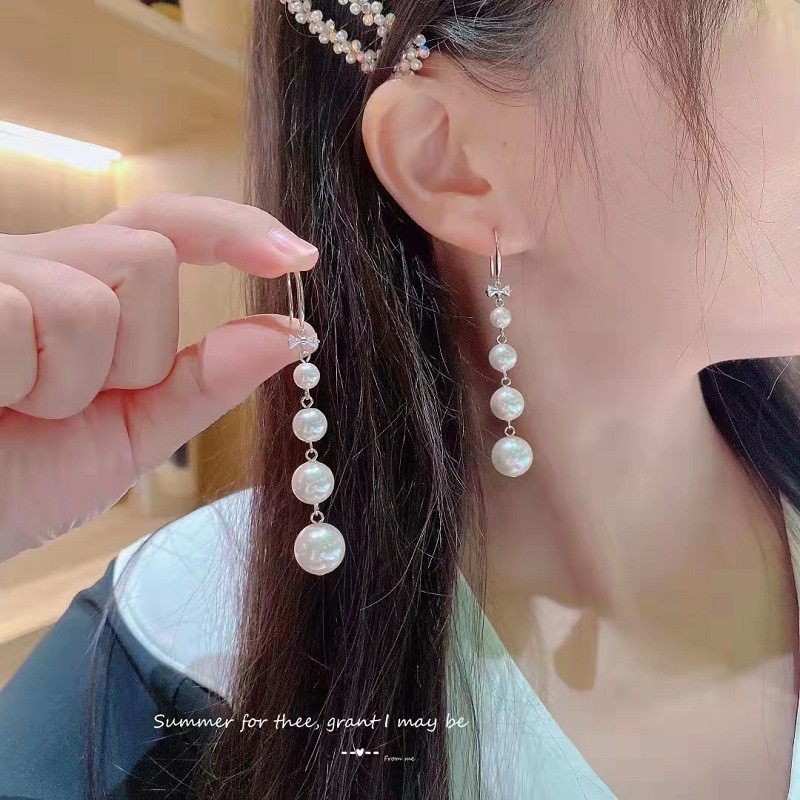 925银仿珍珠耳饰 法式仙女蝴蝶结长款珍珠耳吊个性气质网红轻奢