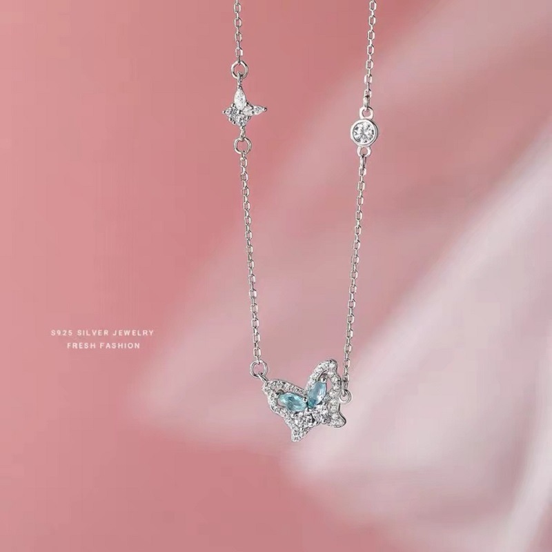 坠链均925银锆石 时尚蝶梦海兰项链女小众高级轻奢蝴蝶镶嵌坠链