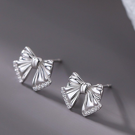 925银合成锆石耳饰 简约缎柔蝴蝶结耳钉小众设计轻奢气质设计感