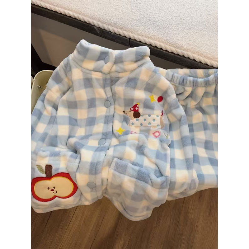 可爱苹果派小狗珊瑚绒睡衣女款秋冬季加厚加绒保暖高领家居服套装