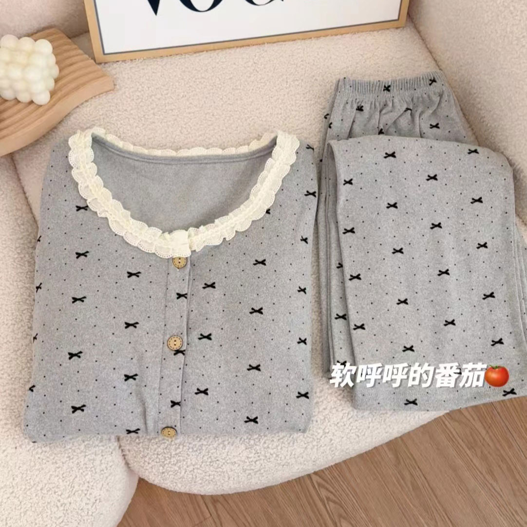 秋冬天双面德绒睡衣女薄绒两件套带胸垫甜美长袖长裤防凸点家居服