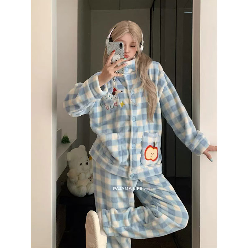 可爱苹果派小狗珊瑚绒睡衣女款秋冬季加厚加绒保暖高领家居服套装