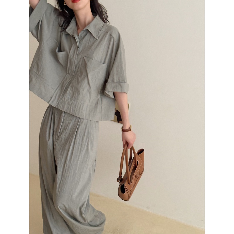 LUO/通勤ol优雅气质精致衬衫套装 韩代小众chic短款上衣阔腿直筒