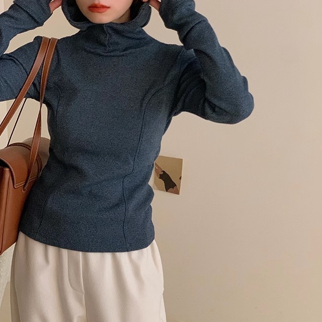 LUO/water高弹力螺纹高领连帽修身打底衫 韩代保暖内搭T恤新款