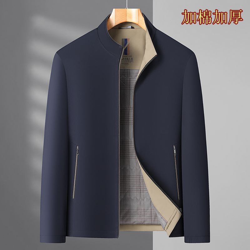 爸爸茄克外套2023秋冬款夹棉加厚中老年春秋商务休闲立领夹克男 