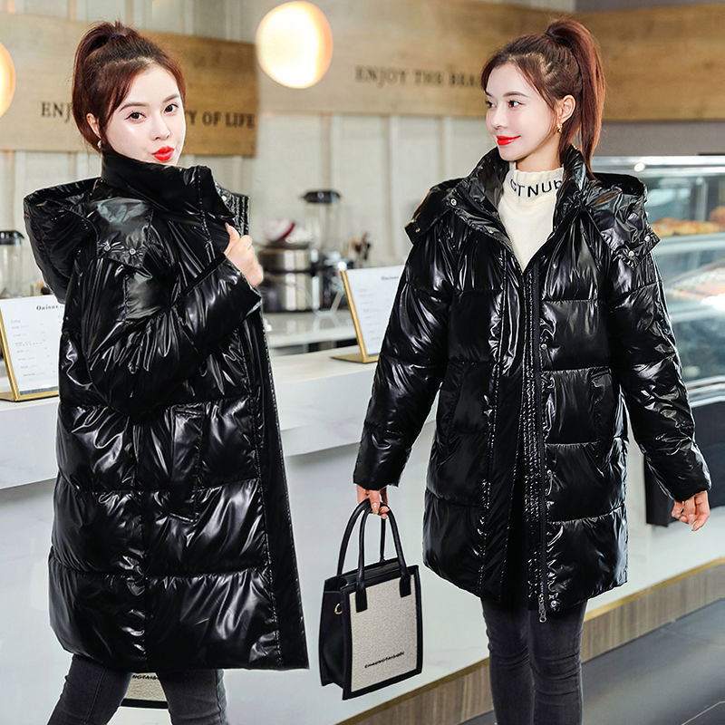 羽绒服免洗亮面女中长款2023冬季新款韩版宽松大码加厚外套