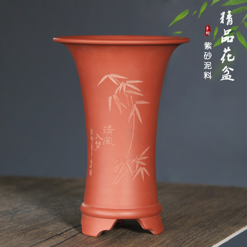 神力精品紫砂花盆红清水泥束腰高档瓢口兰花盆春兰建兰盆家具摆设
