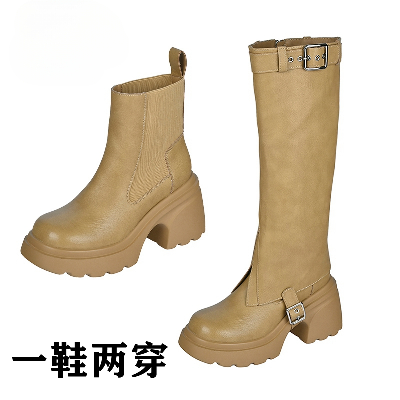 2023秋冬新款一鞋两穿粗跟厚底个性骑士长靴圆头休闲短靴长筒靴