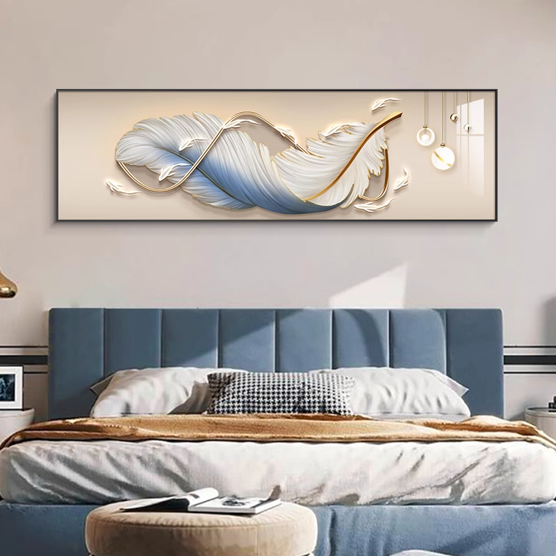 轻奢卧室装饰画温馨羽毛床头挂画横幅现代简约主卧房间背景墙壁画