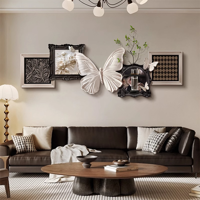 法式中古风客厅装饰画黑白复古高级感蝴蝶沙发背景墙挂画卧室壁画