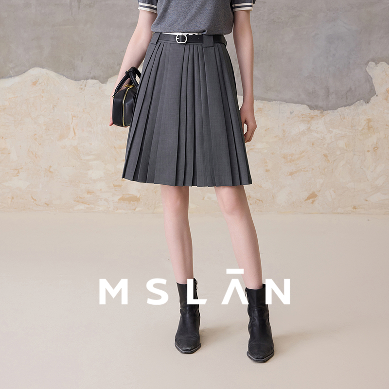 MSLAN【秀场同款】MSLAN中古轻盈美式复古高腰A字五分百褶裙MGAQ414