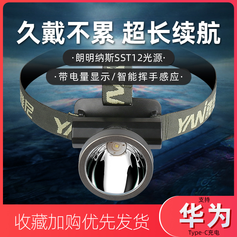 雅尼612S头灯强光充电超亮头戴式手电筒超长续航锂电矿灯超轻照明