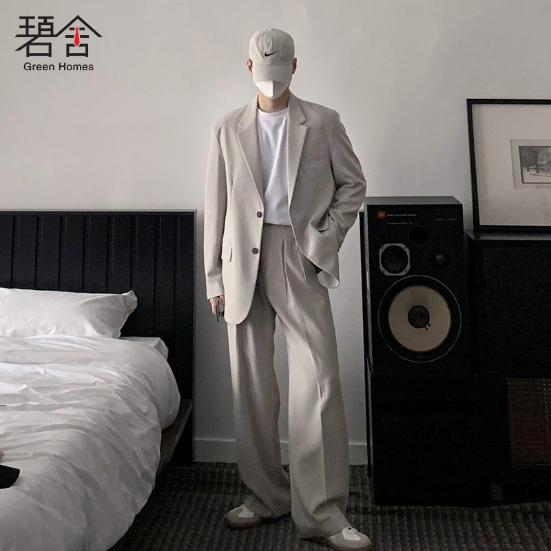 ascloqiao韩版复古阔版西服套装宽松高级感休闲百搭西裤两件套男