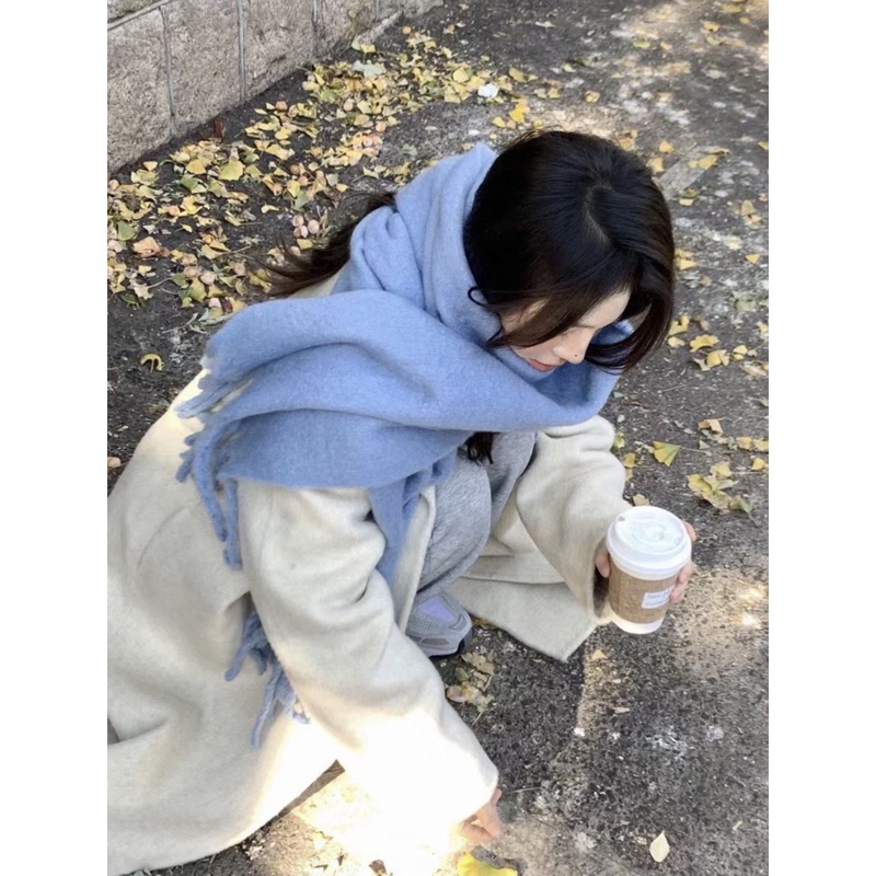 雾霾蓝秋冬纯色素净百搭麻花辫围巾保暖加厚围脖流苏学生披肩ins