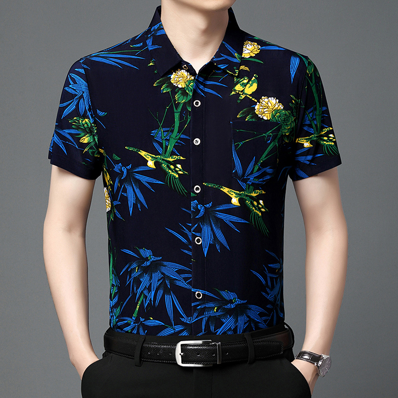 夏季薄款冰丝短袖衬衫高档修身印花休闲中青年真口袋免烫花衬衫