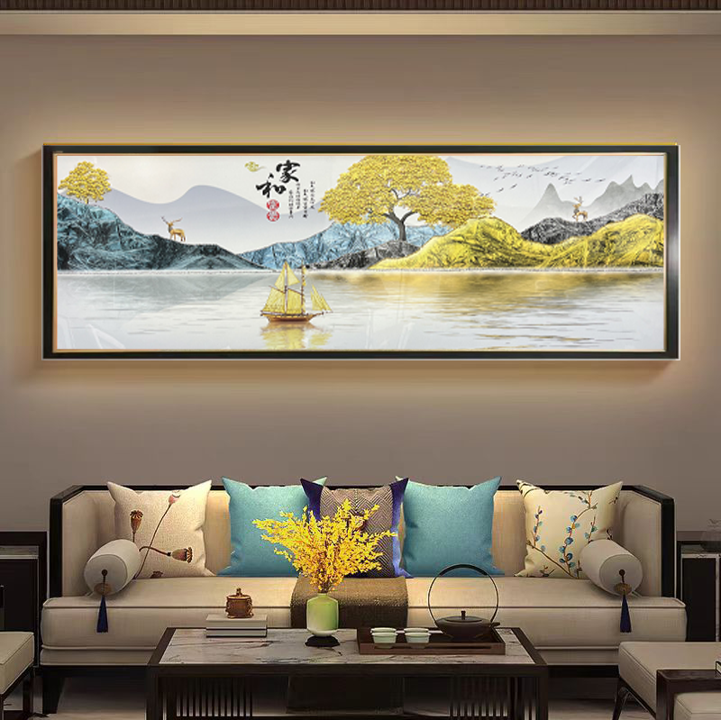 Q70【家和】山水客厅轻奢沙发挂画钢化玻璃装裱鎏金画