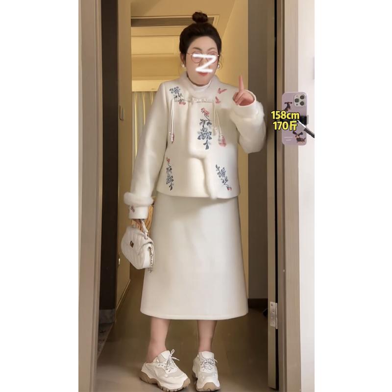 大码气质加厚上衣半身裙两件套女秋冬胖mm新中式刺绣毛呢套装裙子