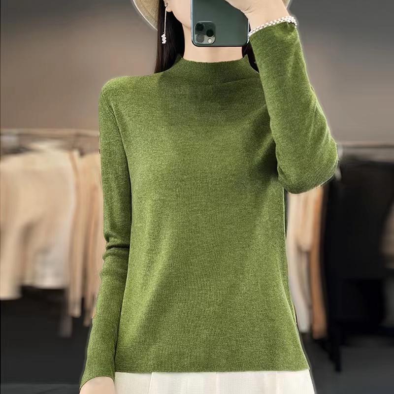 新品精仿68支半高领抽条打底衫女士长袖时尚百搭修身纯色四季可穿