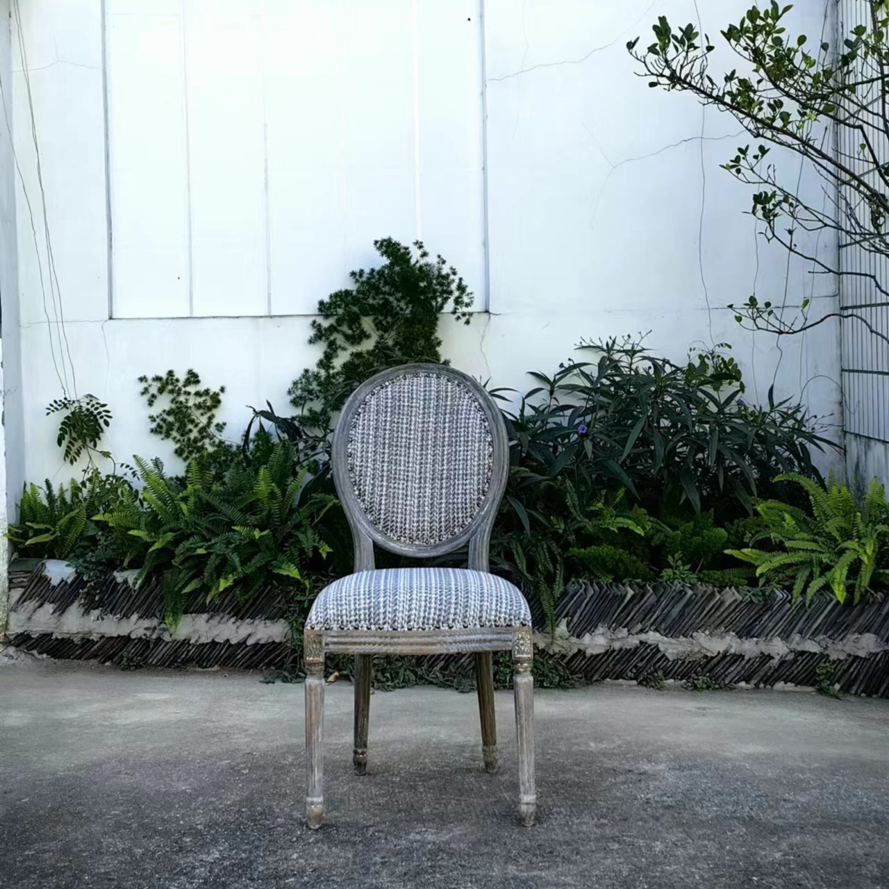 复古橡木圆背餐椅藤编家用简约桌椅单人户外创意北欧室外阳台桌