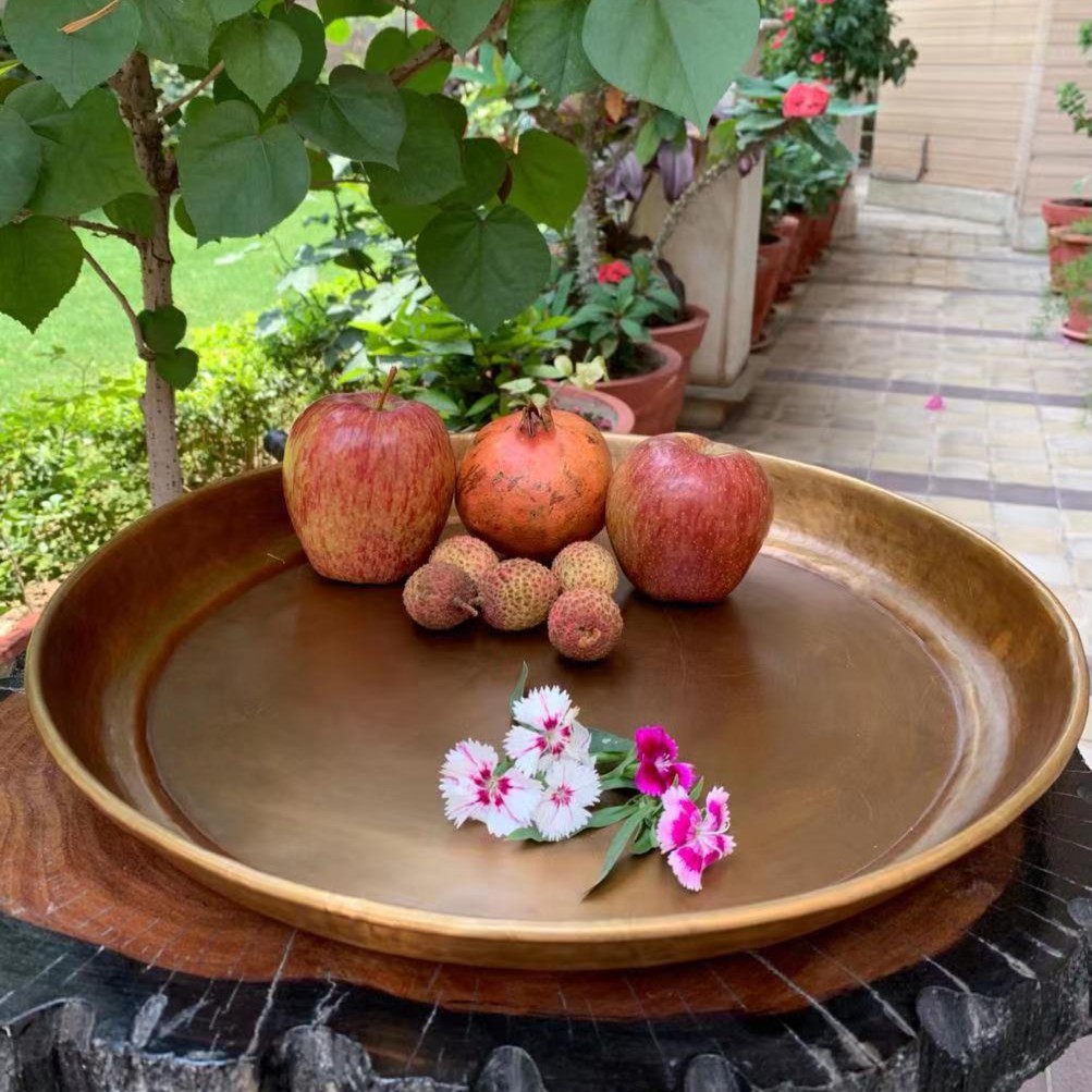 印度铜盘黄铜圆盘子托盘收纳置物盘手工尺寸