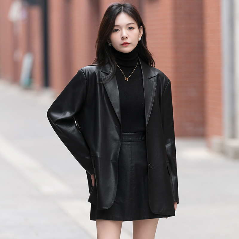 【幂幂同款】2023新款皮衣西装女中长款外套皮衣女外套时尚气质黑色
