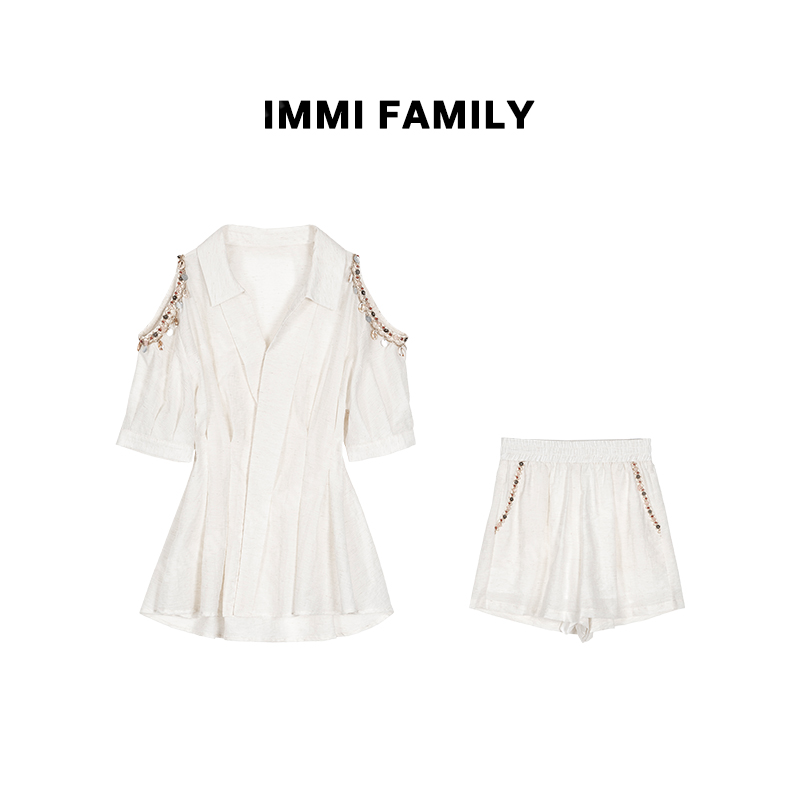 “米尼亚”西域风两件套装夏季露肩亚麻轻奢衬衫女松紧休闲阔腿短裤