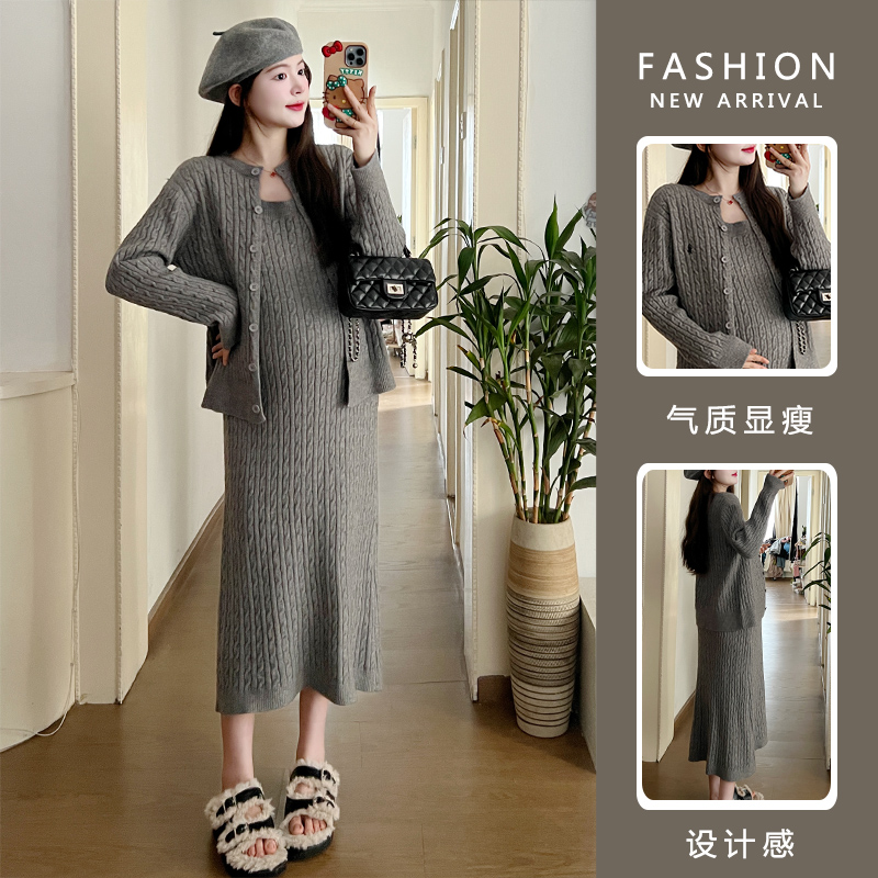 【小布】小个子2023孕妇秋冬显瘦经典刺绣绞花中长款连衣裙两件套