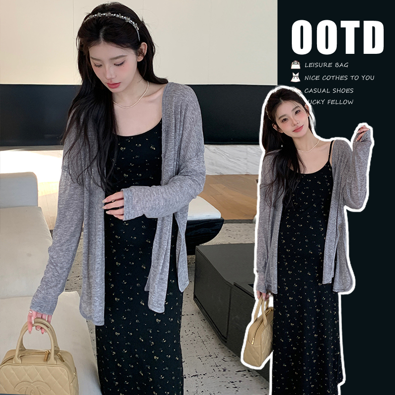 xiaobu~2025春季新款复古度假风碎花吊带裙+慵懒风防晒开衫孕妇装