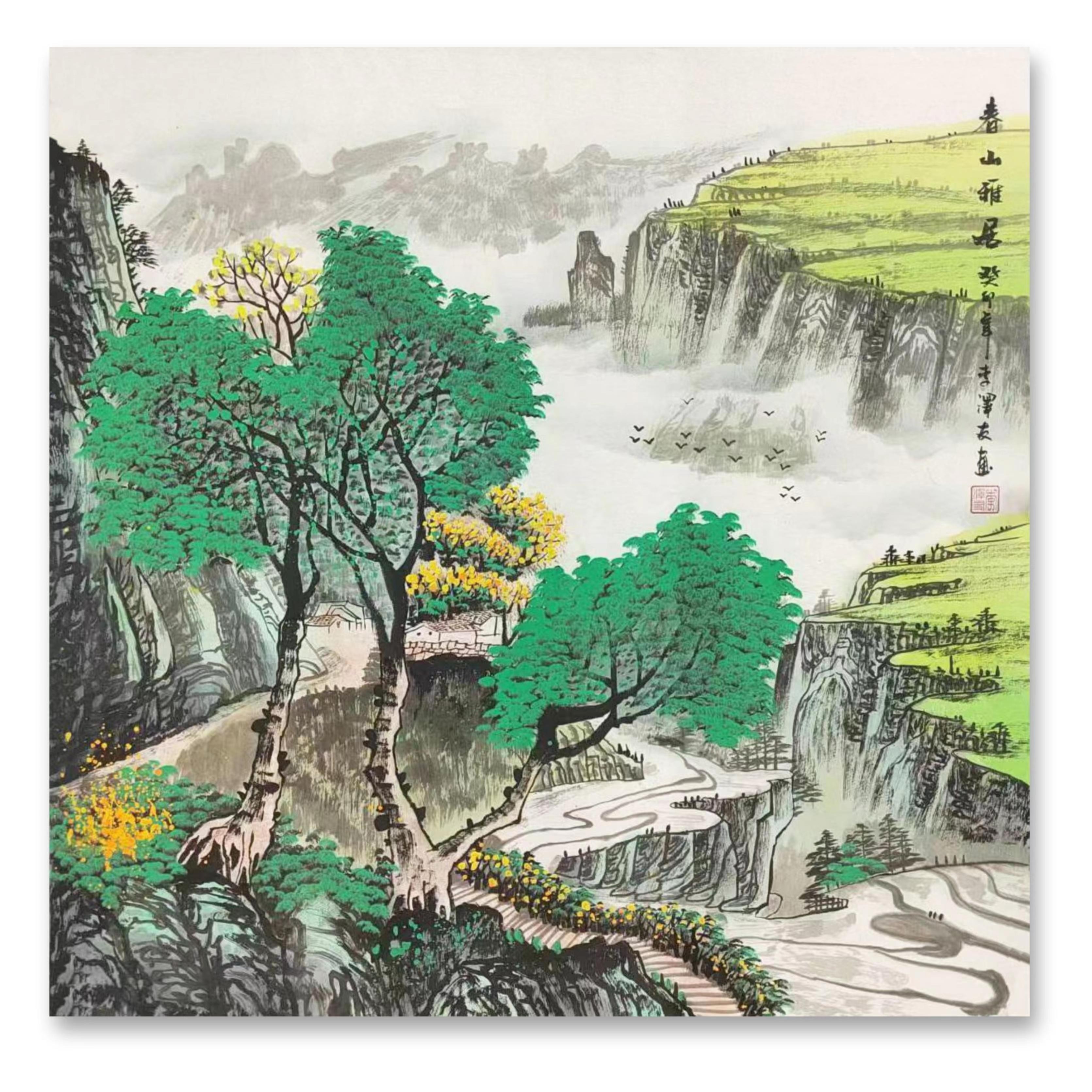 四尺手绘国画 青绿色山水书房客厅斗方收藏送人装饰欣赏 68x68cm 