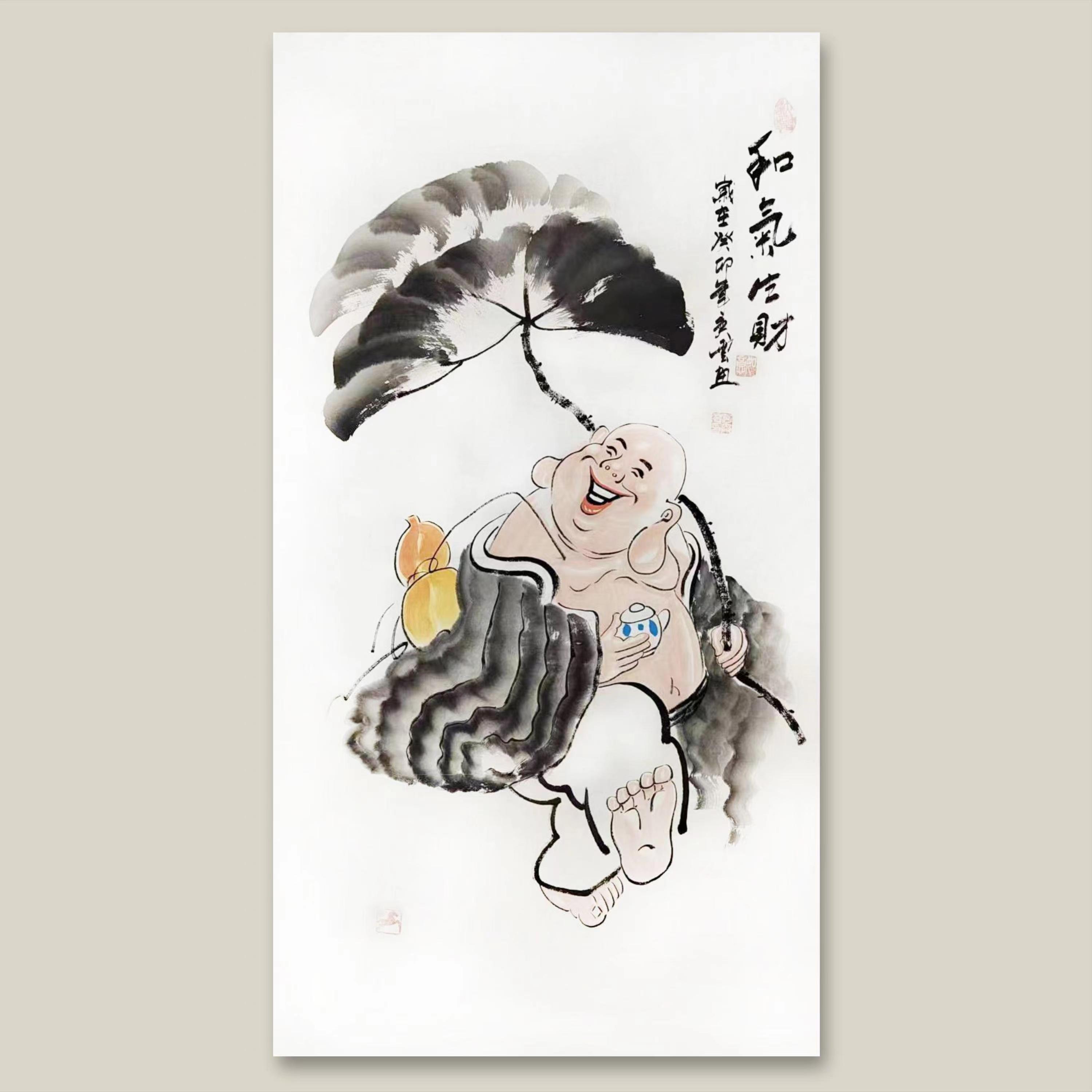 和气生财 三尺手绘国画人物弥勒佛玄关接待室收藏送人装饰50x100