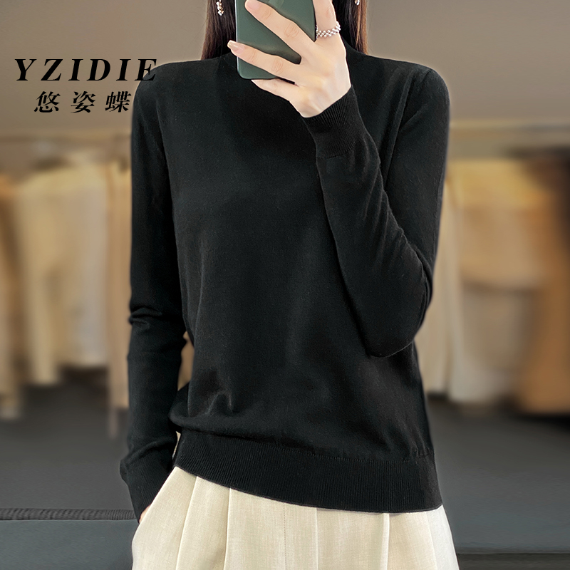 短袖高档悠姿蝶精纺半高领修身女羊毛衫秋冬内搭毛衣长袖春秋宽松